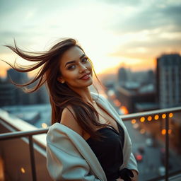 A stunning high-definition photograph featuring a confident, attractive woman in a stylish setting
