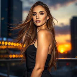 A stunning high-definition photograph featuring a confident, attractive woman in a stylish setting