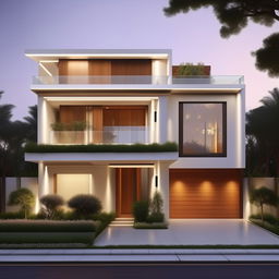 Design a beautiful three-story building on a 100ft x 30ft plot. Features include a garage on the right side of the building with a staircase inside, all using modern architectural style.