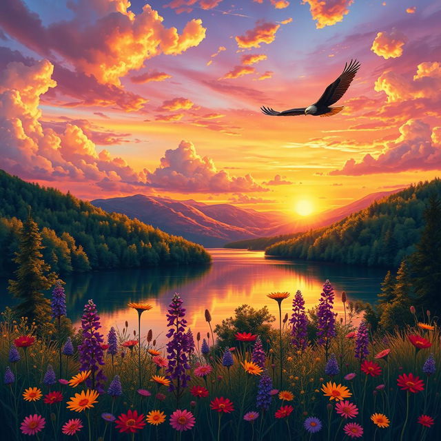 A beautifully detailed illustration of a stunning landscape at sunset, with vibrant colors reflecting off a tranquil lake surrounded by lush green forests