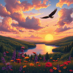 A beautifully detailed illustration of a stunning landscape at sunset, with vibrant colors reflecting off a tranquil lake surrounded by lush green forests