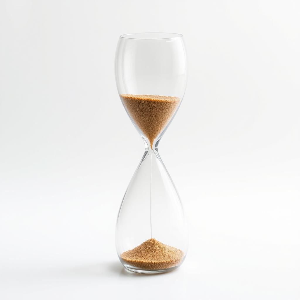 An elegant hourglass on a clean white background, showcasing the delicate glass structure and the flowing sand inside