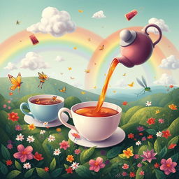 A whimsical and vibrant illustration of a magical tea world, filled with colorful tea leaves and various types of herbal teas