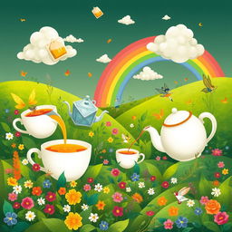 A whimsical and vibrant illustration of a magical tea world, filled with colorful tea leaves and various types of herbal teas
