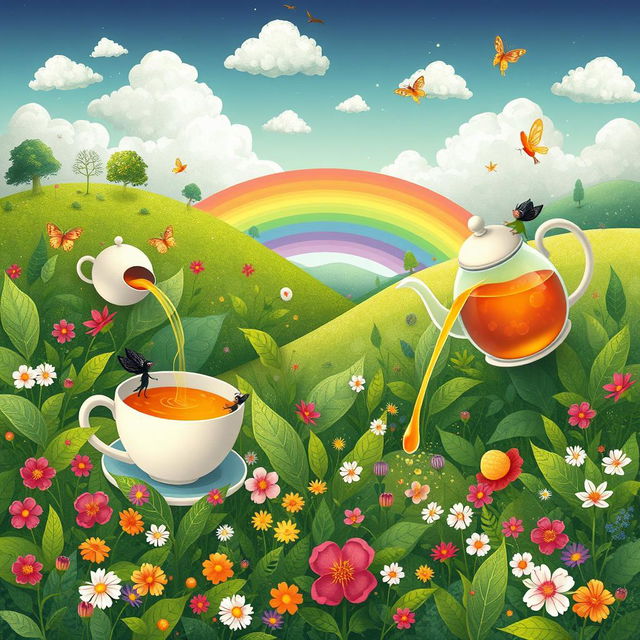 A whimsical and vibrant illustration of a magical tea world, filled with colorful tea leaves and various types of herbal teas