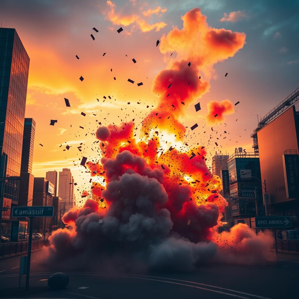 A powerful explosion in a vibrant urban environment, capturing the moment of an impact with debris flying, smoke billowing upward, and a dramatic sunset in the background illuminating the scene