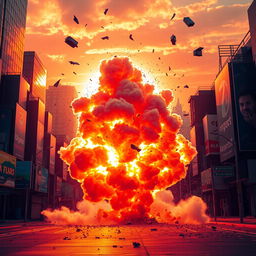 A powerful explosion in a vibrant urban environment, capturing the moment of an impact with debris flying, smoke billowing upward, and a dramatic sunset in the background illuminating the scene