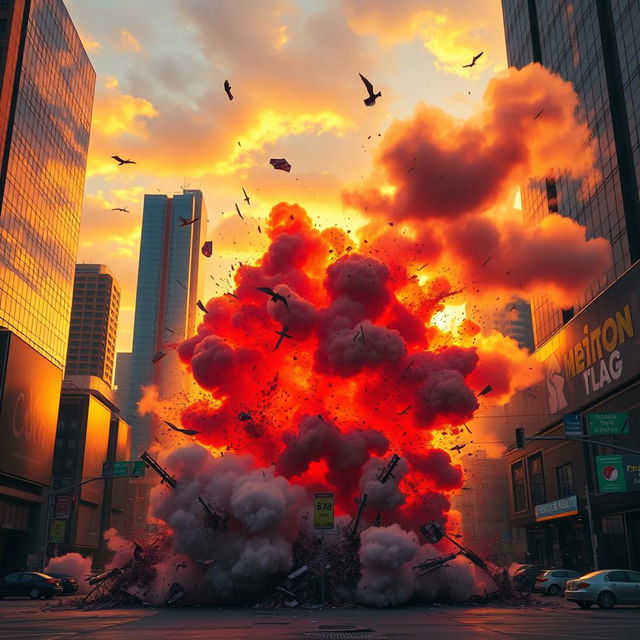 A powerful explosion in a vibrant urban environment, capturing the moment of an impact with debris flying, smoke billowing upward, and a dramatic sunset in the background illuminating the scene