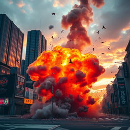 A powerful explosion in a vibrant urban environment, capturing the moment of an impact with debris flying, smoke billowing upward, and a dramatic sunset in the background illuminating the scene