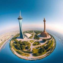 A breathtaking landscape featuring the Milad Tower and Azadi Tower of Tehran, situated side by side on a vibrant Earth