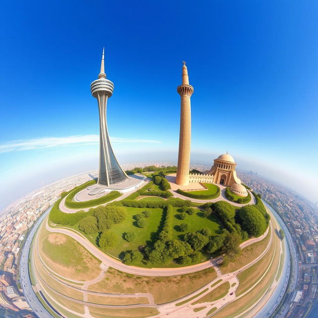 A breathtaking landscape featuring the Milad Tower and Azadi Tower of Tehran, situated side by side on a vibrant Earth