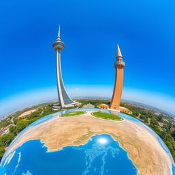 A breathtaking landscape featuring the Milad Tower and Azadi Tower of Tehran, situated side by side on a vibrant Earth