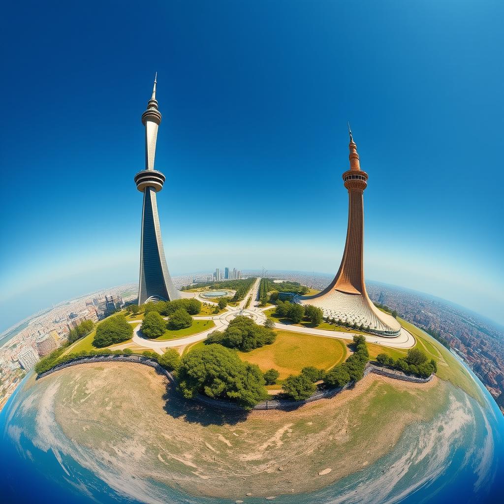 A breathtaking landscape featuring the Milad Tower and Azadi Tower of Tehran, situated side by side on a vibrant Earth