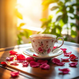 A beautifully crafted porcelain teacup filled with steaming tea, sitting on an elegant wooden table