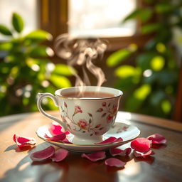 A beautifully crafted porcelain teacup filled with steaming tea, sitting on an elegant wooden table