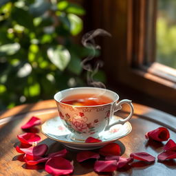 A beautifully crafted porcelain teacup filled with steaming tea, sitting on an elegant wooden table