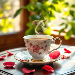 A beautifully crafted porcelain teacup filled with steaming tea, sitting on an elegant wooden table