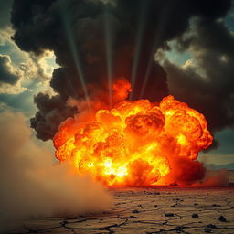 A dramatic explosion with vibrant colors, showing fiery orange and yellow flames billowing into the sky, thick dark smoke rising in swirling patterns, and debris scattered around