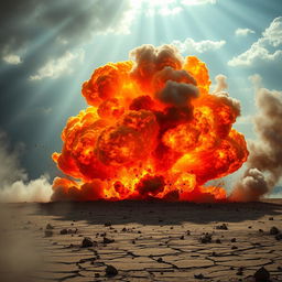 A dramatic explosion with vibrant colors, showing fiery orange and yellow flames billowing into the sky, thick dark smoke rising in swirling patterns, and debris scattered around