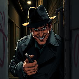 A sneaky man wearing a dark trench coat and a fedora, peering around a corner with a mischievous grin
