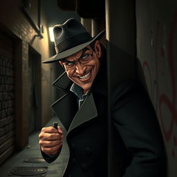 A sneaky man wearing a dark trench coat and a fedora, peering around a corner with a mischievous grin