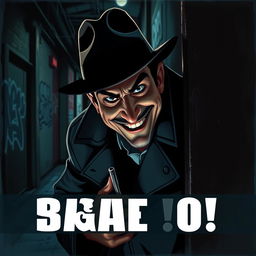 A sneaky man wearing a dark trench coat and a fedora, peering around a corner with a mischievous grin