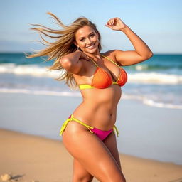 A voluptuous woman confidently posing on a sunny beach, wearing a vibrant bikini that highlights her curves