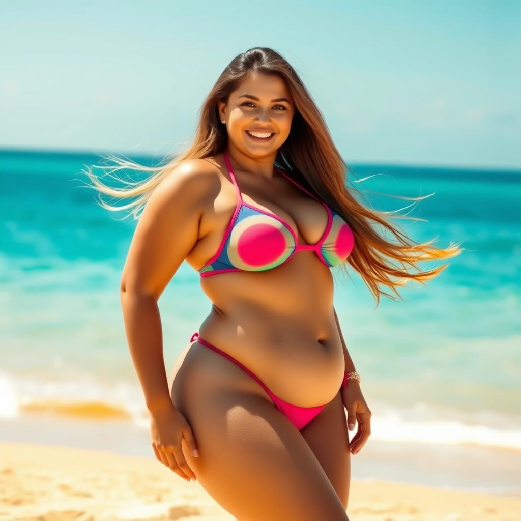 A voluptuous woman confidently posing on a sunny beach, wearing a vibrant bikini that highlights her curves