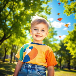 A portrait of a young boy with bright, curious eyes and a playful smile, dressed in a colorful T-shirt and denim shorts