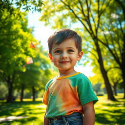 A portrait of a young boy with bright, curious eyes and a playful smile, dressed in a colorful T-shirt and denim shorts