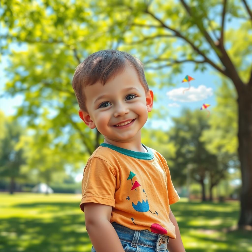 A portrait of a young boy with bright, curious eyes and a playful smile, dressed in a colorful T-shirt and denim shorts