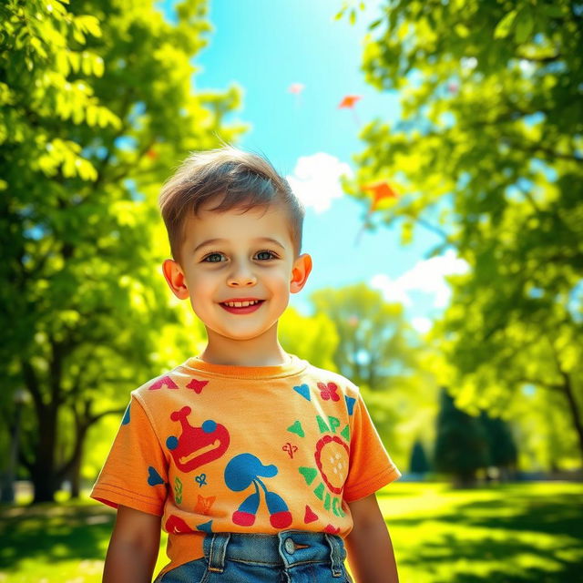 A portrait of a young boy with bright, curious eyes and a playful smile, dressed in a colorful T-shirt and denim shorts