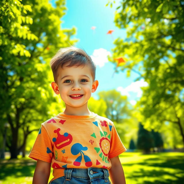 A portrait of a young boy with bright, curious eyes and a playful smile, dressed in a colorful T-shirt and denim shorts