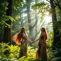 A serene and enchanting scene of women in a lush, green forest, surrounded by towering trees and vibrant ferns