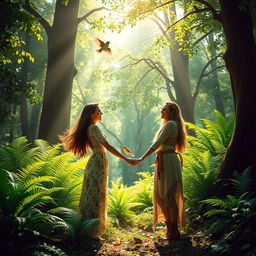 A serene and enchanting scene of women in a lush, green forest, surrounded by towering trees and vibrant ferns