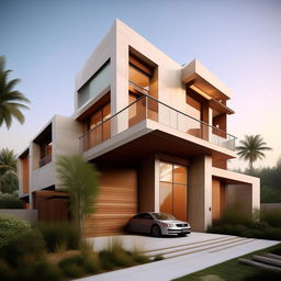 Design a beautifully crafted, modern three-story building measuring 100ft x 30ft. The design includes a right-side garage with an interior staircase.