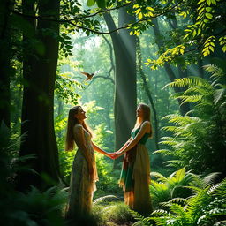 A serene and enchanting scene of women in a lush, green forest, surrounded by towering trees and vibrant ferns