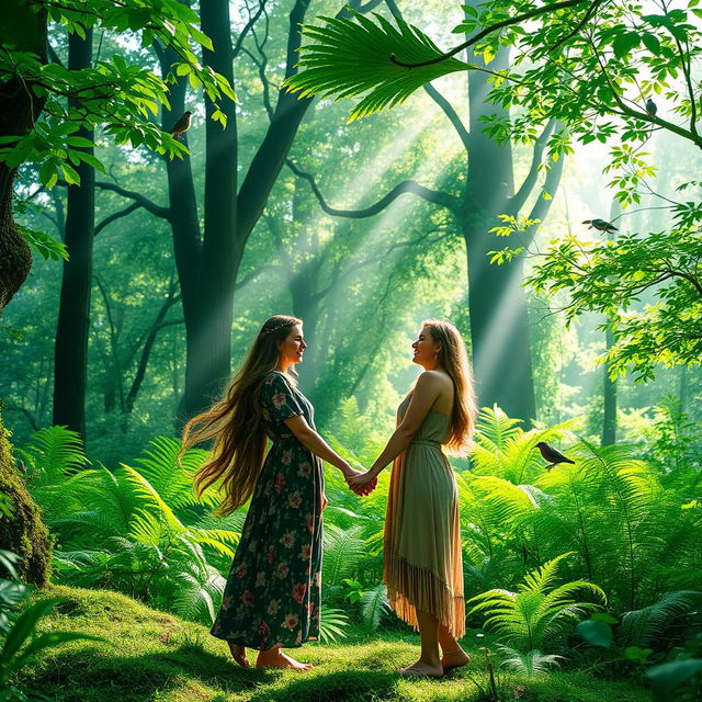 A serene and enchanting scene of women in a lush, green forest, surrounded by towering trees and vibrant ferns