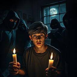 A tense dramatic scene in a dimly lit room where a group of robbers is holding a hostage