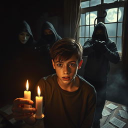A tense dramatic scene in a dimly lit room where a group of robbers is holding a hostage