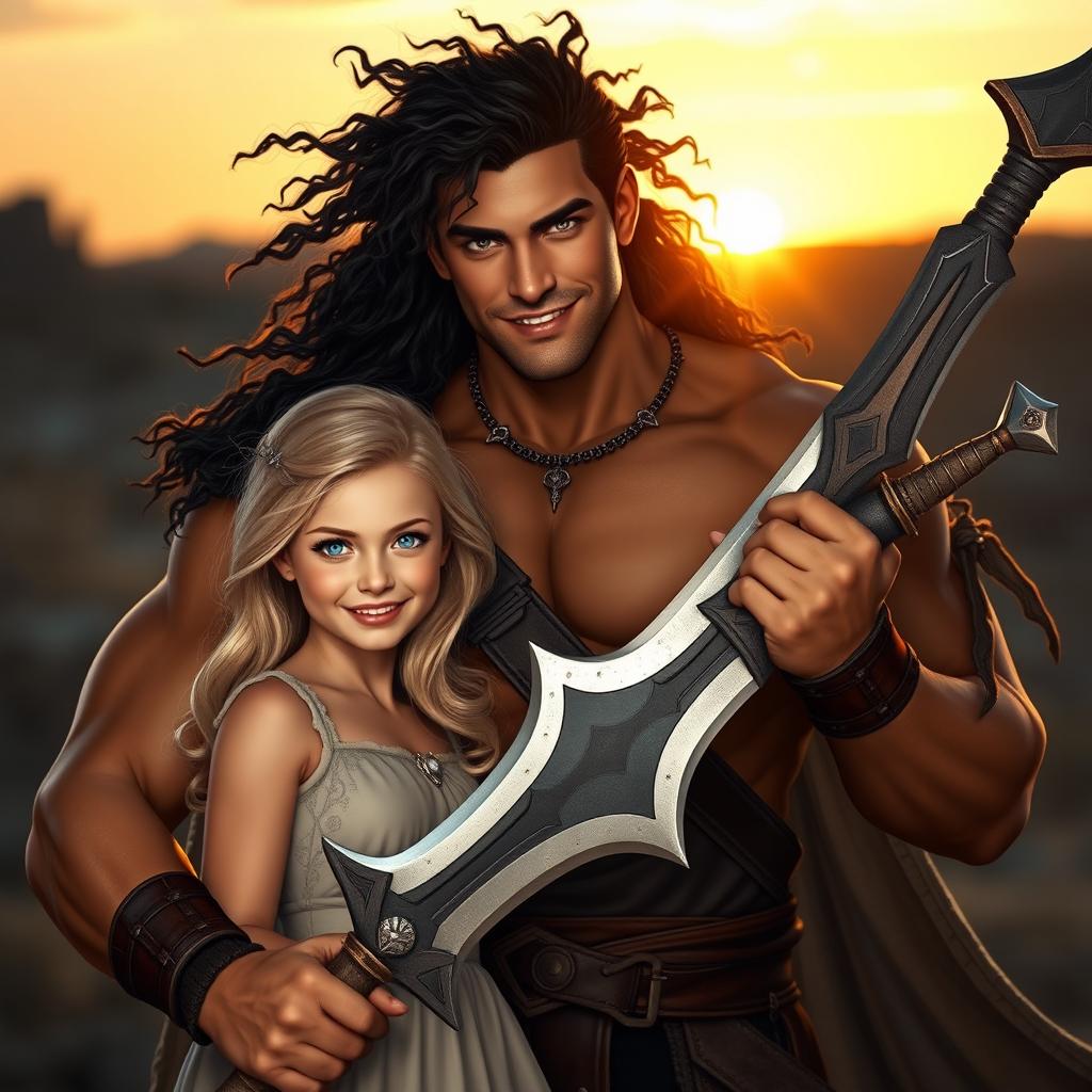 A beautiful blonde girl with sparkling blue eyes and a charming smile stands beside a muscular man with long, flowing black curly hair