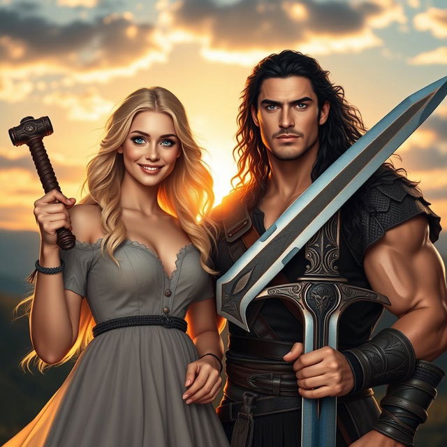 A beautiful blonde girl with sparkling blue eyes and a charming smile stands beside a muscular man with long, flowing black curly hair