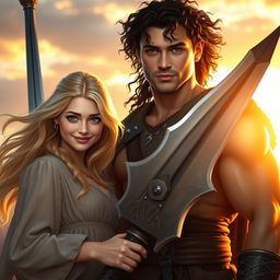 A beautiful blonde girl with sparkling blue eyes and a charming smile stands beside a muscular man with long, flowing black curly hair