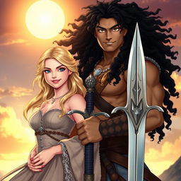 A beautiful blonde girl with sparkling blue eyes and a charming smile stands beside a muscular man with long, flowing black curly hair