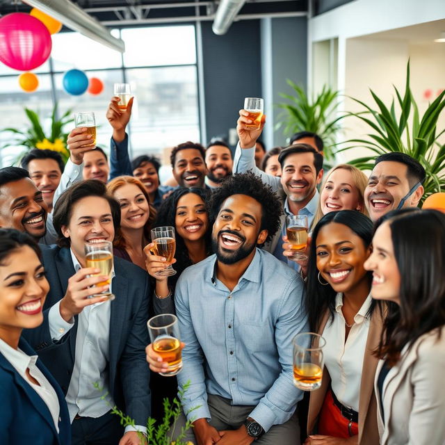 A vibrant gathering of successful and happy individuals, showcasing a diverse group of people celebrating in a modern office environment