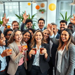 A vibrant gathering of successful and happy individuals, showcasing a diverse group of people celebrating in a modern office environment