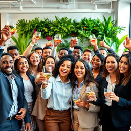 A vibrant gathering of successful and happy individuals, showcasing a diverse group of people celebrating in a modern office environment