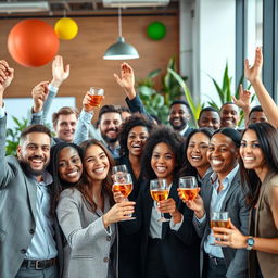 A vibrant gathering of successful and happy individuals, showcasing a diverse group of people celebrating in a modern office environment