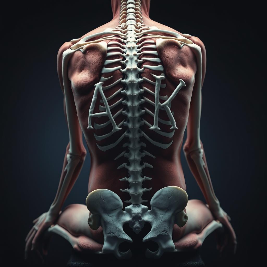 A dark-themed image of a skinless human body seated with its back towards the camera