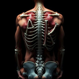 A dark-themed image of a skinless human body seated with its back towards the camera